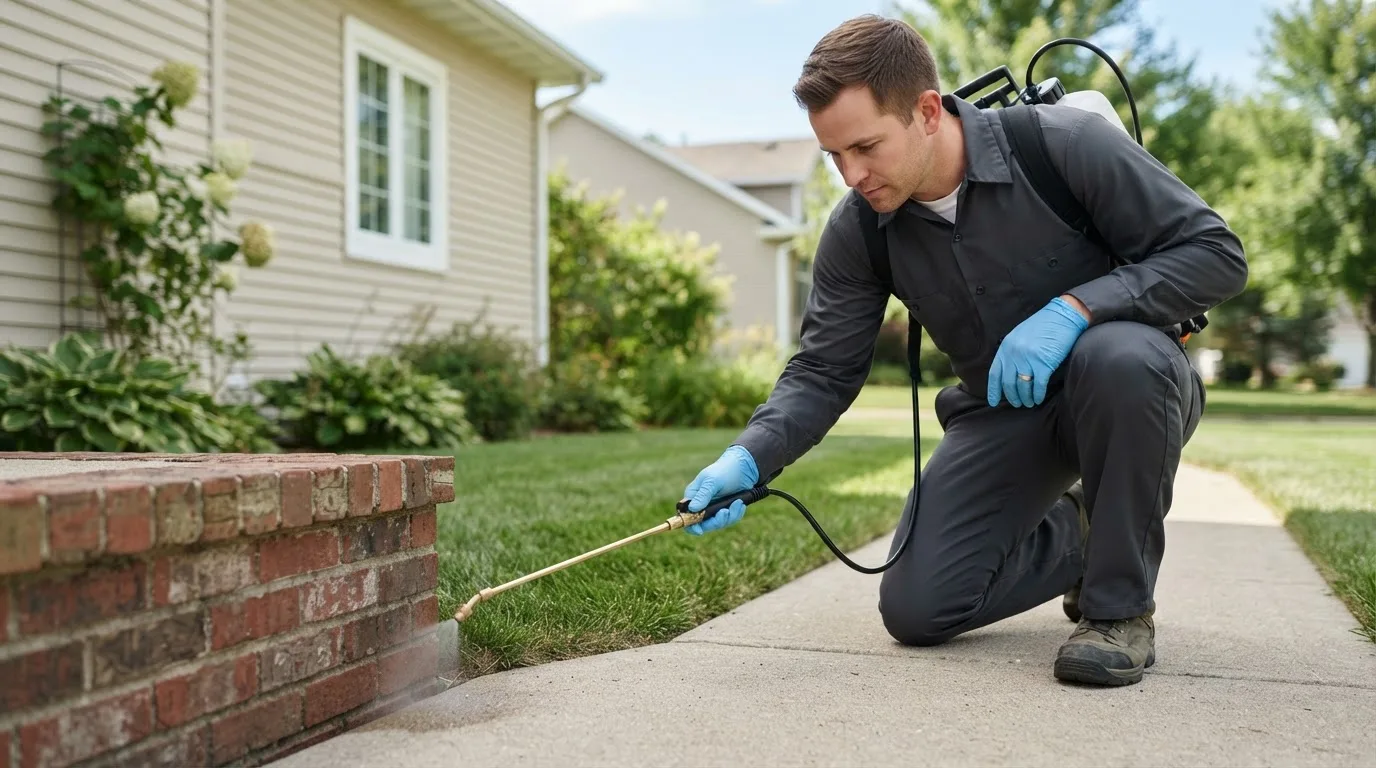 Pest control technician treating a home near Yale, SD